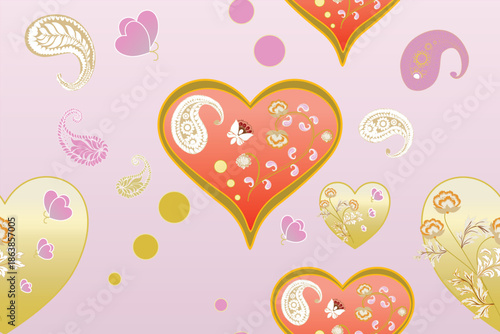 Romantic seamless pattern with soft pastel hearts, elegant flowers, and fluttering butterflies. A bright and charming Valentine theme ideal for textiles, gift wrap, greeting cards, home decor, and sur