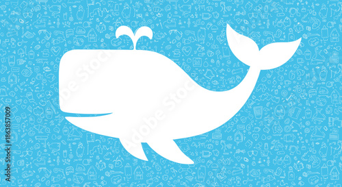 Large white whale silhouette placed on a bright blue background filled with numerous tiny white doodle icons and symbols.