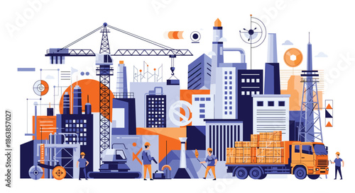 Detailed urban construction site scene with industrial buildings and workers operating a large crane alongside a loaded orange truck.