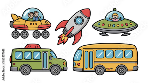 A Fleet of Fantasy Vehicles: A vibrant collection of whimsical vehicles designed with playful forms, suggesting the boundless realms of imagination. Featuring a rocket ship, flying saucer.