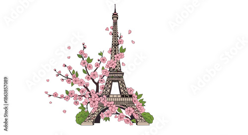 Iconic eiffel tower landmark beautifully decorated with blooming pink cherry blossom branches for a romantic spring concept in paris.