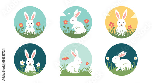 Collection of six circular badges featuring cute white rabbits in grassy meadows with colorful flowers under different skies.