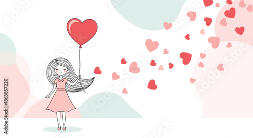 A sweet girl in a pink dress holds a red heart-shaped balloon as a trail of hearts flows behind her in the wind.