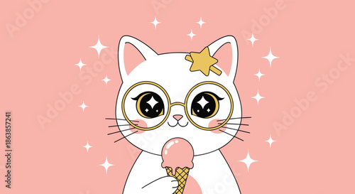 A cute white cat with big sparkly eyes and glasses eats a pink ice cream cone against a pink starry background.