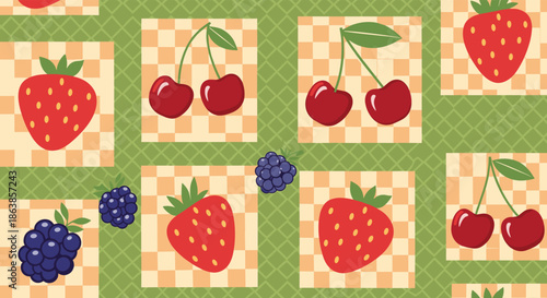 Vibrant pattern of strawberries and cherries mixed with blackberries on a green checkered background for a summer food theme.