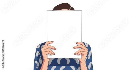 Person holding a large blank white paper in front of their face wearing a patterned blue shirt against a white background.