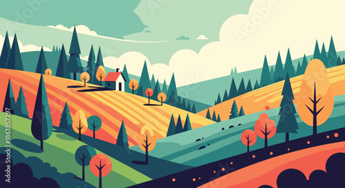 Beautiful flat design landscape of rolling hills and forest trees with a small cottage nestled under a large white cloud.
