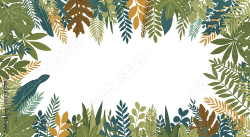 Natural frame border made of diverse green and brown forest leaves and fern fronds around a white rectangular copy space.