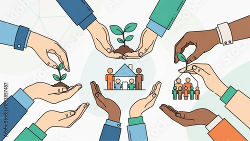 Diverse hands nurturing growth, teamwork, and community, symbolizing partnership, support, and cooperation with diversity and inclusion and sustainability