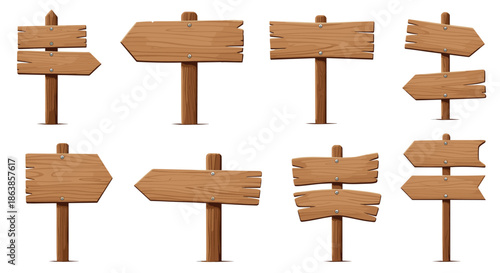 Set of eight different wooden signboards on poles with various shapes and orientations for directional or informational use.
