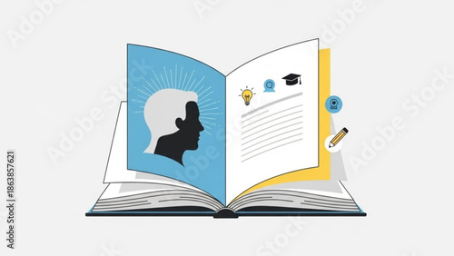 An open book with a lightbulb and graduation cap representing education and knowledge, symbolizing learning and intellectual growth with a human head silhouette