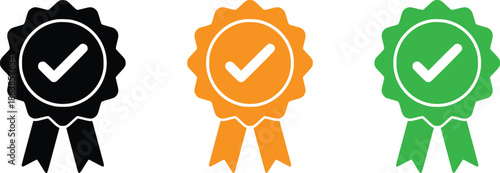 Certified premium quality seal icon set with minimalist award medals and checkmark symbols for trust and product verification