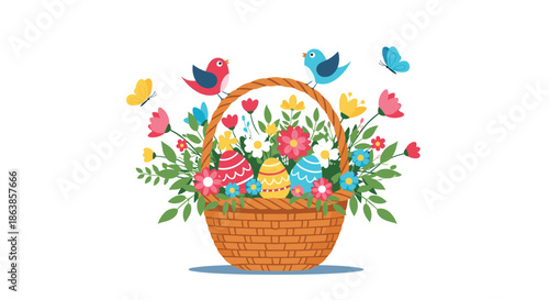 Festive easter basket containing decorated eggs and colorful spring flowers with two small birds perching on the handle.