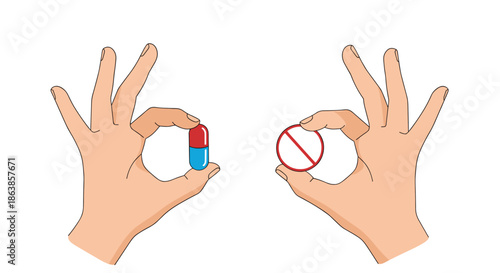 Two hands shown against a white background, one holding a red and blue medical capsule and the other a red ban symbol.
