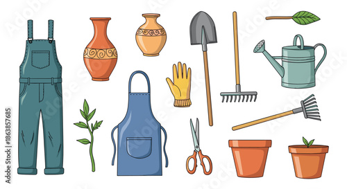 Comprehensive collection of gardening tools and clothing including overalls and an apron with pots and various hand tools.