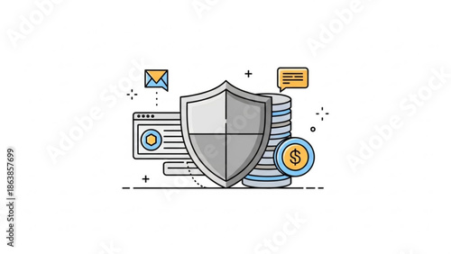 A shield protects a stack of coins and online transactions from cyber threats and data breaches with secure encryption with cybersecurity and protection