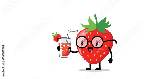 A cute strawberry character wearing glasses smiles while holding a refreshing glass of strawberry juice with a drinking straw.