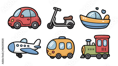 Transportation Wonderland: Playful illustrations of various vehicles, including a car, scooter, boat, airplane, bus, and train, arranged in a vibrant composition.