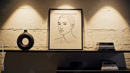 Elegant Interior Scene With Modern Artwork And Stylish Decorations On Shelves In Cozy Light