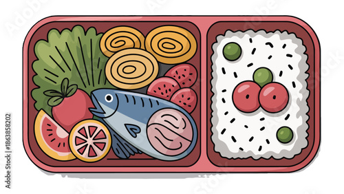 Lunchbox Delight: a meticulously arranged, colorful lunchbox filled with assorted healthy foods, representing a balanced meal and a celebration of culinary artistry.