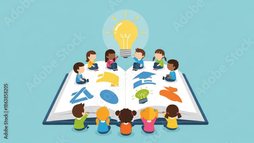 Diverse group of children sitting on and around an open book with educational symbols and a lightbulb representing ideas and learning on a plain background