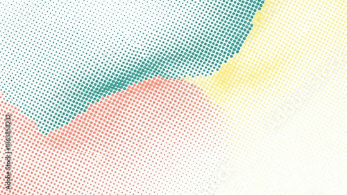 Overlapping abstract dotted shapes with rough, torn edges in teal, pink, and yellow hues define a modern background.