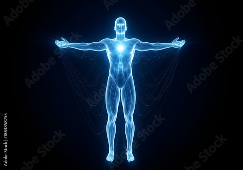 Glowing human body hologram with outstretched arms on dark background, displaying energy flow, vitality, anatomy visualization, wellness balance, futuristic health, and radiant life force