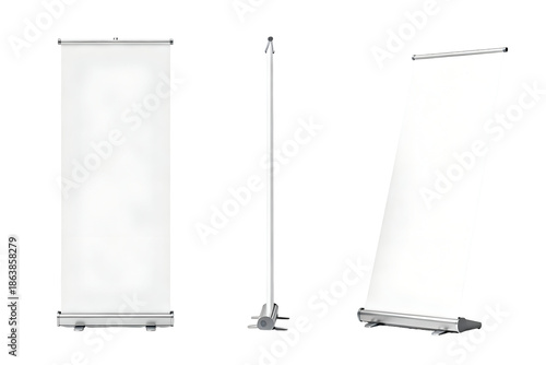Blank White Roll Up Banners Mockup Set Isolated on Black Background