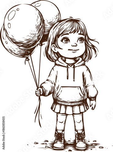 An engraving art style illustration hand drawn cute little girl holding a bunch of balloons, handdrawn sketch style