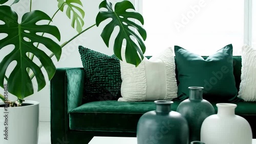 Elegant Interior With Emerald Green Velvet Sofa Plant And Vases Creates A Soothing Ambiance
