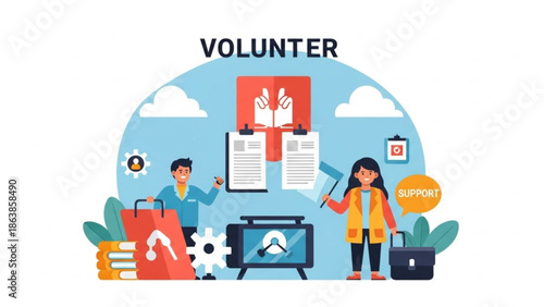 Volunteer concept with people supporting community service and charity work with documents and gear with help and donation and social and responsibility