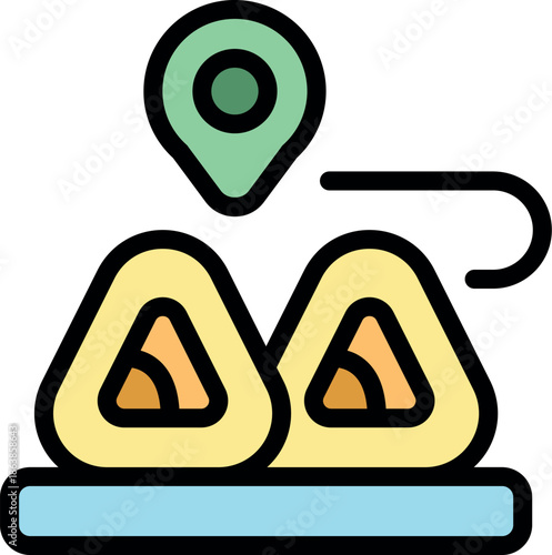 Two onigiri with a location pin hovering above them, representing a japanese food delivery service