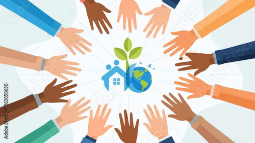 Diverse group of people joining hands around a green earth with a house and plant, symbolizing unity, eco friendliness, and community with eco friendly