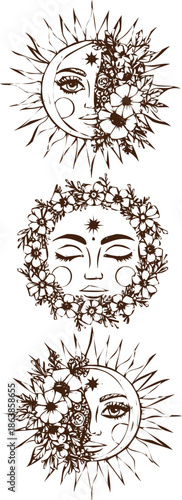 An engraving art style illustration hand drawn set of three celestial sun and moon faces with floral elements, mystical boho illustration
