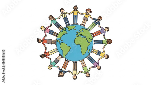 Diverse group of people holding hands around the earth, symbolizing global unity and friendship with diversity and community and solidarity and cooperation