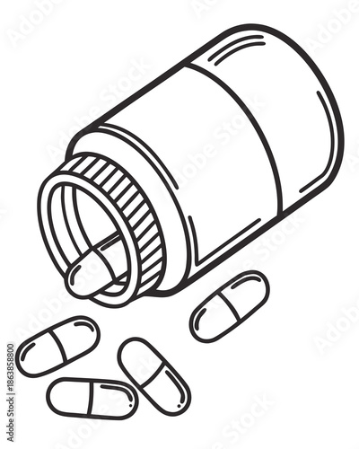 An open pill bottle tipped on its side, with several capsule-shaped pills spilling out onto the surface. The bottle has a screw-cap lid (partially shown) and a few pills are scattered in front.