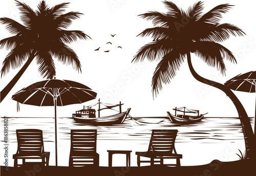An engraving art style illustration hand drawn tropical beach scene with palm trees, deck chairs, umbrella, and boats on the water silhouette