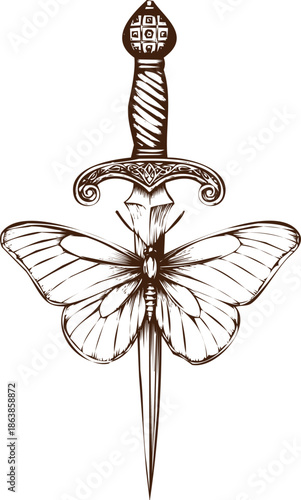 An engraving art style illustration hand drawn vintage engraving style illustration of a moth impaled on a dagger or sword