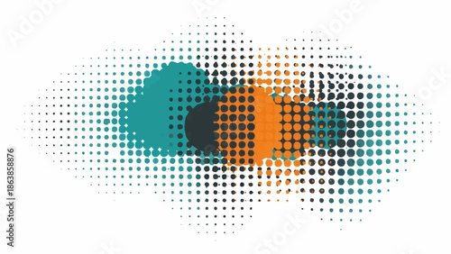 Abstract overlapping fluid shapes with a prominent halftone dot effect, blending teal, orange, and dark gray tones.