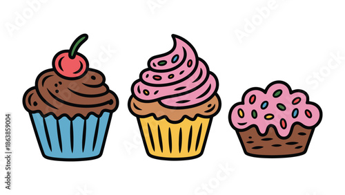 Sweet Trio: Three enticing cupcakes each adorned with unique toppings sit together, ready to be the sweet treat for the day.