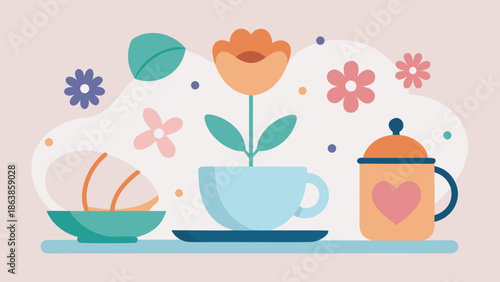 Cozy flat illustration of breakfast with coffee, croissant, flowers and cute elements on soft pastel background