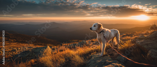 dog hiking mountain ridge at sunset, adventurous dog on scenic mountain trail, golden hour landscape with dog walking
