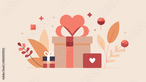 Flat illustration of gift boxes with hearts and autumn leaves in warm pastel colors on beige background