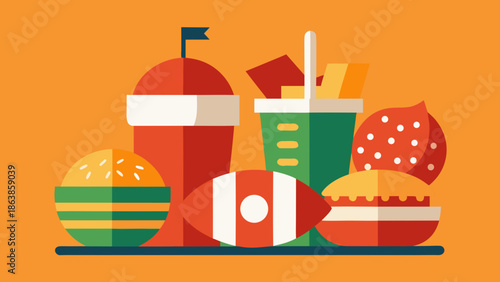 Colorful flat illustration of fast food and snacks with soda, fries, burgers and football elements on orange background