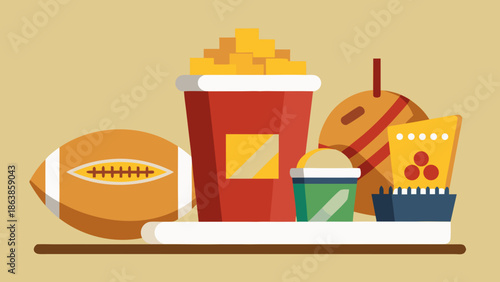Flat illustration of American football snacks with popcorn, soda, candy apple and game ball on beige background