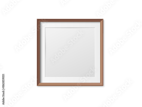 3D vertical wooden frame mockup illustration with realistic wood poster frame on white wall background for interior decoration and modern home design