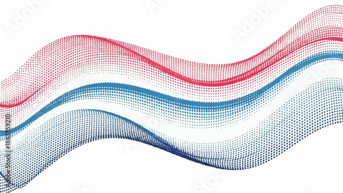 A serene arrangement of wavy parallel lines, delicately formed by halftone dots, in harmonious shades of red and blue.