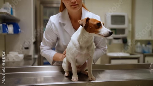 Veterinarian examining a dog at a clinic. The veterinarian is a young woman, and the dog is a Jack Russell terrier Stock Video