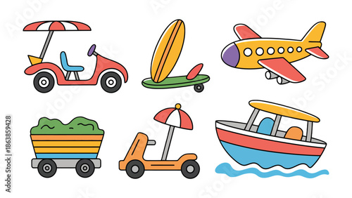 Vehicular Voyage: A playful collection of vibrant travel vehicles. Including an airplane, boat, golf cart, surfboard on a skateboard, scooter, and a cart filled with what seems to be grass.