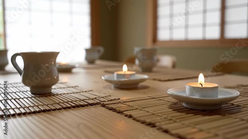 Elegant Japanese Tea Ceremony Setting With Glowing Candles And Traditional Teaware Still Life